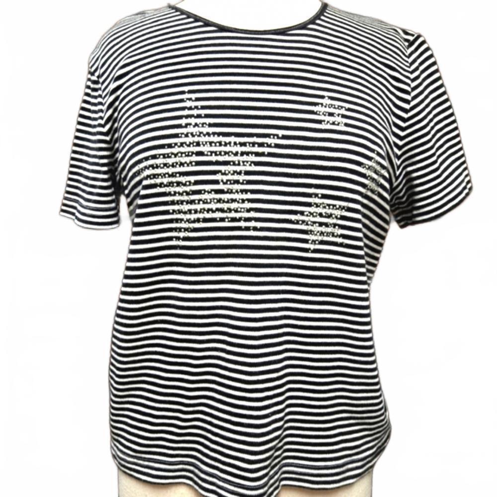Links 90s Y2K Vintage Sequin Star Embellished Black Striped T-Shirt Size Medium